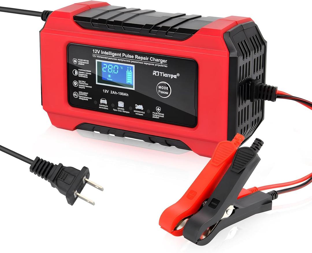 Car Battery Charger-10-Amp 12V and 24V Fully-Automatic Smart Car Battery Charger,Maintainer Trickle Charger for Car Truck Motorcycle Lawn Mower Marine Lead Acid Batteries, Red