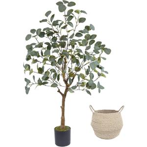 Warmplants Artificial Eucalyptus Tree, 4ft Tall Green Silk Leaves Perfect Faux Plant with Basket, Mordern Fake Eucalyptus Trees for Indoor Outdoor Home Office Livingroom Floor Dcor