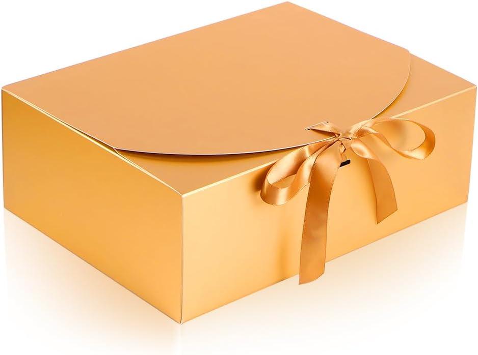 NEWSNOW 12 PCS Gift Boxes with Lids, 10x7.5x3.5 Inch Paper Gift Box, with Ribbon, Bridesmaid Proposal Box for Wedding, BirthdayPackaging, Present (Gold)