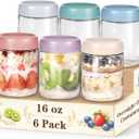 6 Pack Overnight Oats Containers with Lids, 16oz Wide Mouth Mason Jars, Suger Bowls, Glass Food Containers with Airtight Lids for Overnight Oats Jars for Yogurt, Meal Prep, Chia Pudding