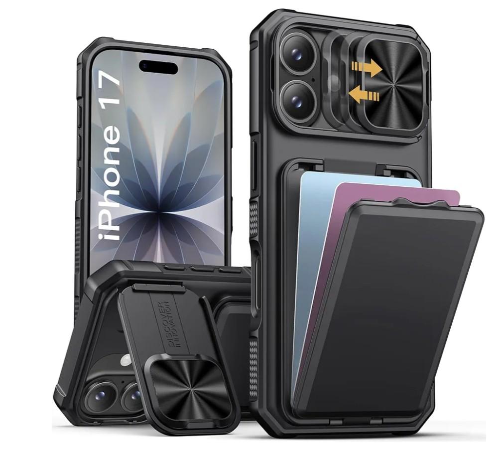 SSLOTSCASE for iPhone 17 Pro Max Case with Card Holder & Kickstand & Slide Camera Lens Cover & Camera Stand & Wallet, Military-Grade Heavy Duty Phone Case Cover for iPhone 17 Pro Max 5G 2025, Black