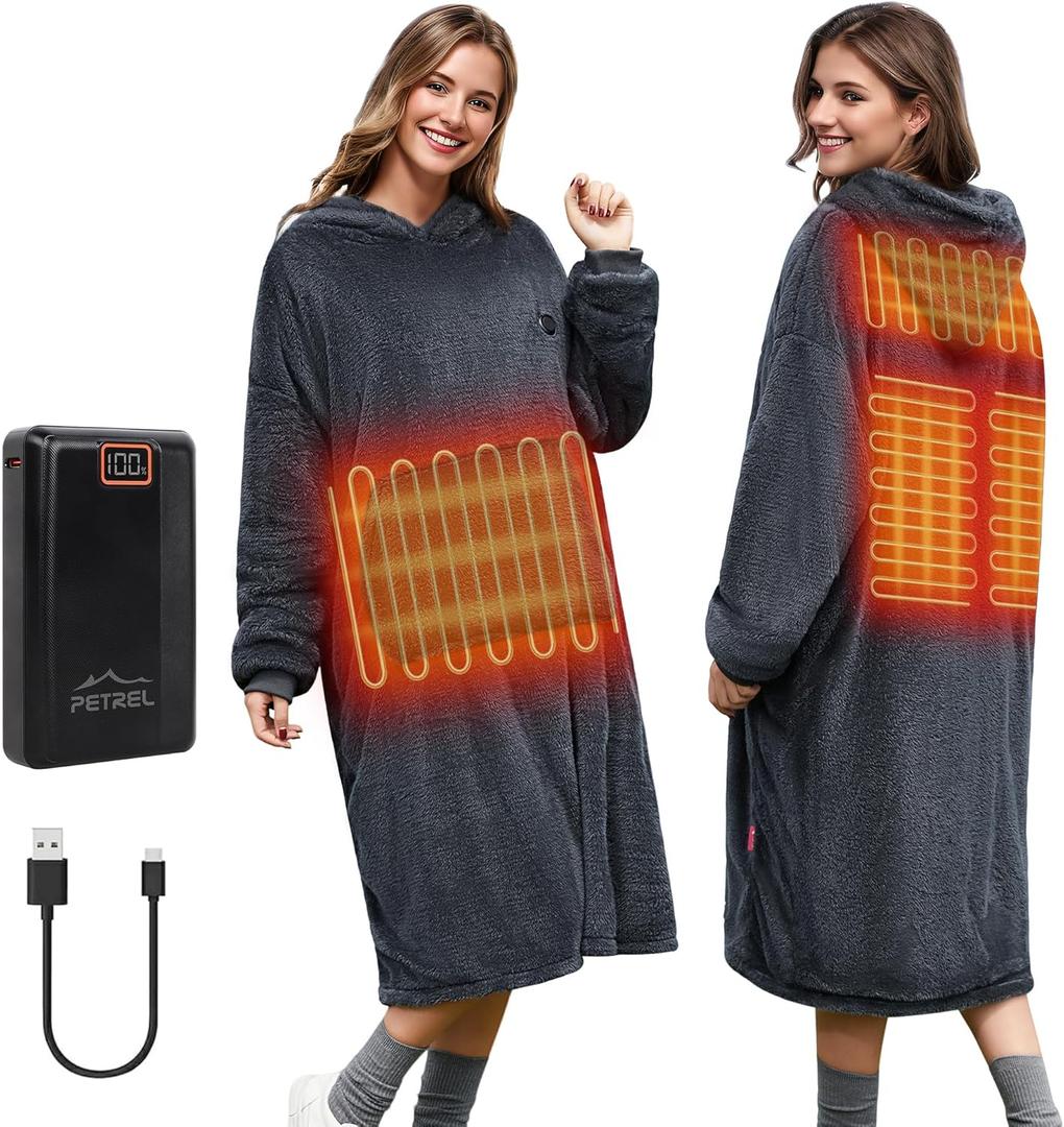 Wearable Heated Blanket Hoodie with 16000 mAh Battery, Cordless Heating Throw, Electric Shawl Robe with Sleeves, Gift for Family (Charcoal Gray)