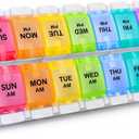 Sukuos AM PM Weekly Pill Organizer 2 Times A Day, Large Daily Pill Box Case 7 Day with Easy Push Button Design, Detachable Medicine Holder for Vitamin/Fish Oil/Supplements (Rainbow)