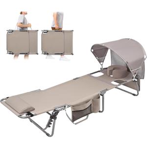 Tanning Chair with Sun Canopy Face Hole Softer Padded Adjustable Washable, Heavy Duty Layout Folding Lounge Chair for Adults Outside Beach Reading Sunbathing Poolside Lawn, UPF 50+ Sun Shade, 300 LBS (Standard Size, Beige)