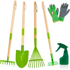 Kids Gardening Tools Set - 6PCS Detachable Garden Tool Kit with Gloves, Shovel, Rake, Hoe, Leaf Rake & Spray Bottle - Wooden Handles with Hanging Hole, Perfect Outdoor Toy Gift for Ages 3-5