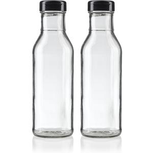 JUVITUS 12 oz Professional Clear Glass Thick Wall Sauce Bottle with Drip Resistant Flip Top Cap (2 Pack) for BBQ Sauce, Salad Dressings, more