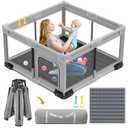 ICAREWAY Foldable Playpen for Babies and Toddlers, 50x50 Inches Portable Playpen, Kids Collapsible Play Pen with 2 Handlers, Indoor & Outdoor Baby Fence Play Area with Visible Mesh, Light Gray