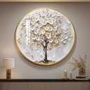 Large Framed LED Tree of Life Wall Art for Living Room, Modern Luxury Gold and White Floral Picture Artwork for Walls, Minimalist Lighted Wall Decor for Hallway, Dining Room, Bedroom, Office