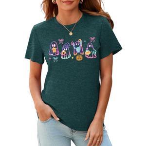 Halloween Spooky Season Cute Ghost T Shirt for Women Crewneck Fall Pumpkin Colorful Graphic Tee Tops (XL)