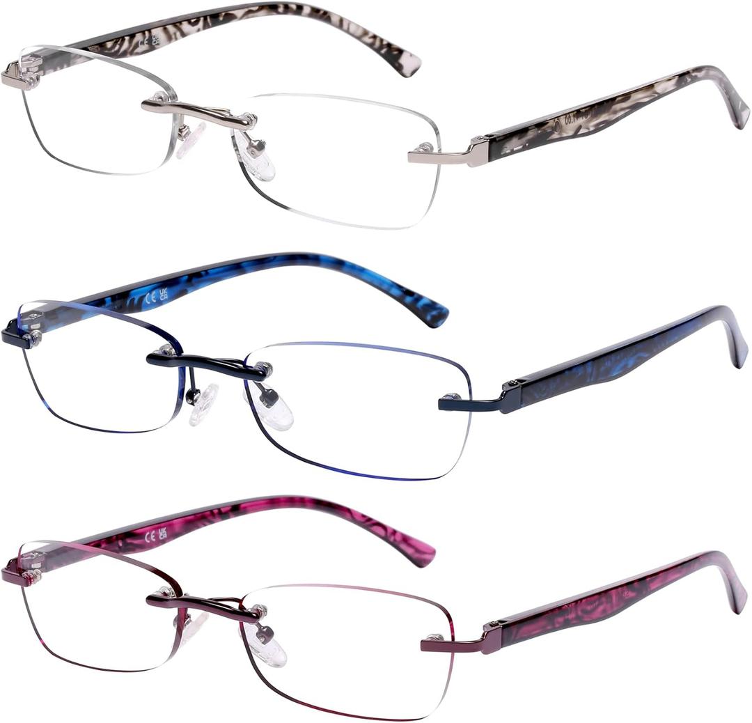 DOOViC 3 Pack Rimless Reading Glasses For Women Lightweight Elegant Blue Light Blocking Readers, Tinted Edge/Spring Hinge 1.75 Strength