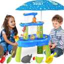 BELLOCHIDDO Water and Sand Table with Water Pumb & Umbrella - Summer Toys 3-Tier Kids Water Play Table, Outdoor Toys for Boys Girls (Blue)
