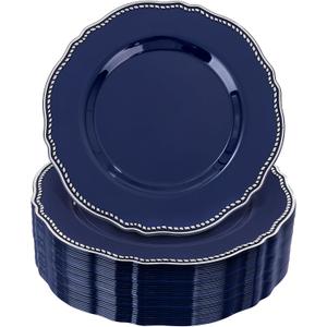 Hioasis 60pcs Blue Plastic Plates - Blue and Silver Disposable Dinnerware with Gold Rim, Heavy-duty, 7 inch, Dessert Plates for Party & Christmas