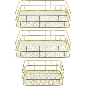 3 Pcs Gold Wire Baskets Set - Gold Baskets for Decor with 2 Large & 1 Small Metal Mesh Organizers for Home Office Desk Bathroom Storage (9.6x6.5x2.5 inch & 6.7x4.7x2.4 inch)