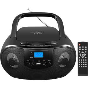 Portable CD Player Boombox with FM Radio, Top Loading CD Stereo Boom Box for Home, Bluetooth, Remote Control, LED Light, Headphone/Mic Jack, Support CD-R/RW/MP3-CD, USB, LCD Display, Black