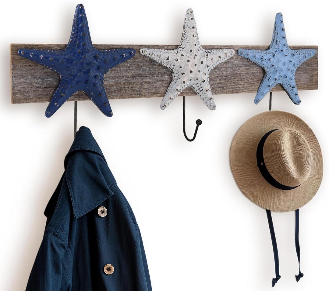 22" Wooden Rustic Starfish Nautical Coat Hook Bathroom Towel Hanger Hanging Plaque for Garden Indoor Outdoor Coat Rack Kitchen Coastal Wall Decor
