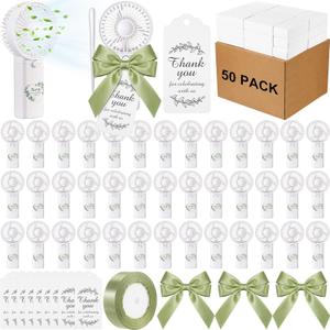 Mudder 50 Set Bulk Mini Fans for Wedding Guests 3 Speed Small Handheld Personal USB Wedding Travel Fan with Card Gift Bags for Bridal Party Gifts Baby Shower Birthday Party Favor (Fresh Style,White)