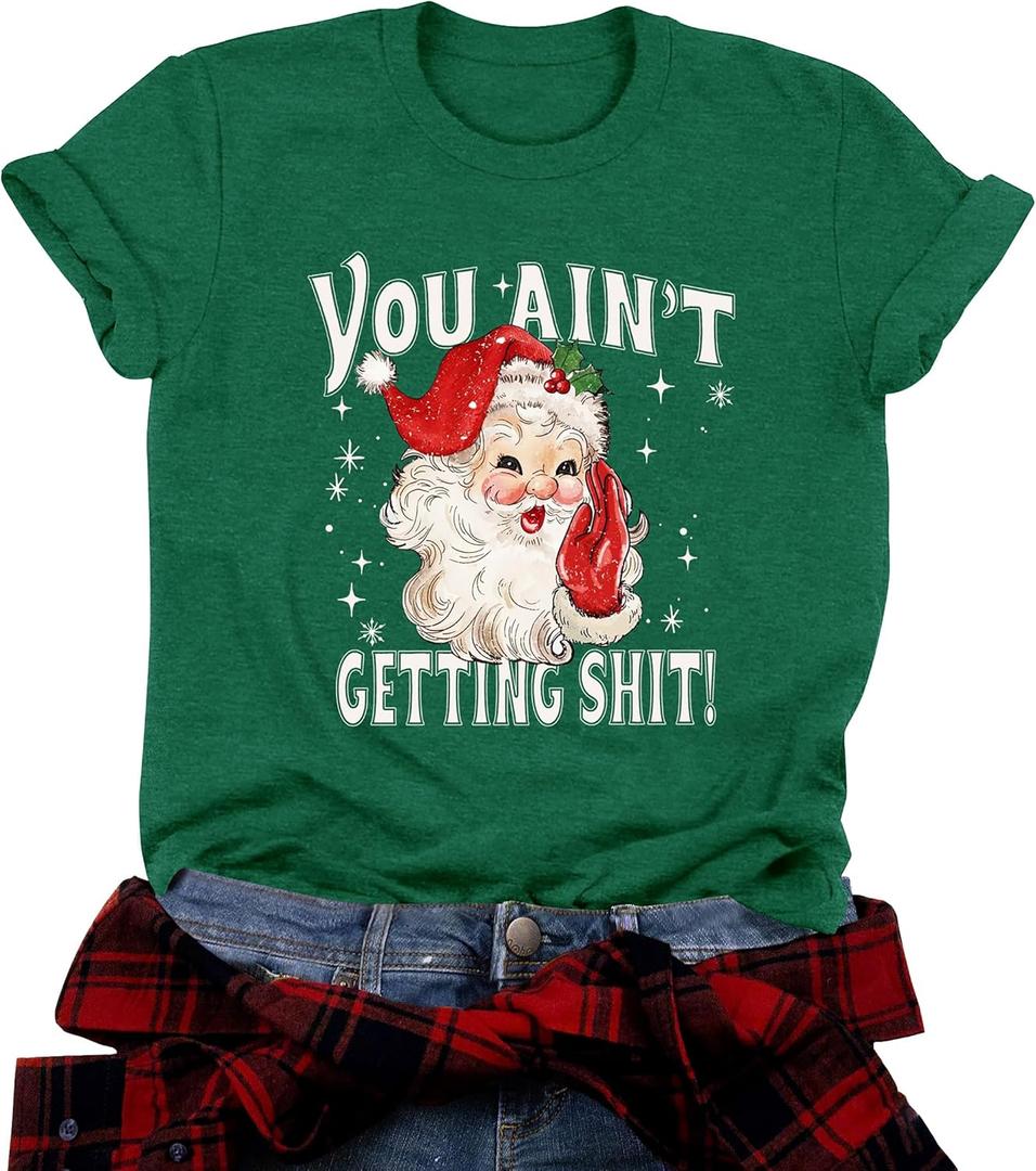 Christmas Shirts for Women Funny Merry Xmas Holiday Short Sleeve Tee Tops (Green, M)
