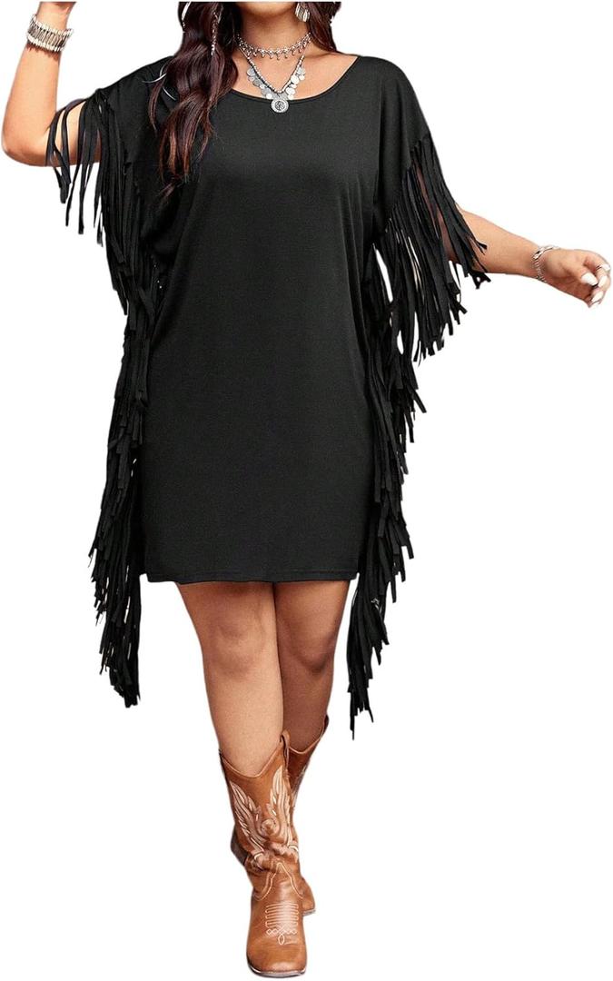 Verdusa Women's Plus Size Cowgirl Outfits Boho Fringe Dress Western Outfit Backless Tee Short Dresses, Black,  Large Plus