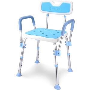 BlessReach Easily Assembled Portable Shower Chair Seat, Adjustable Shower Bench with Arms, Shower Lift Chair with Storage Bags.