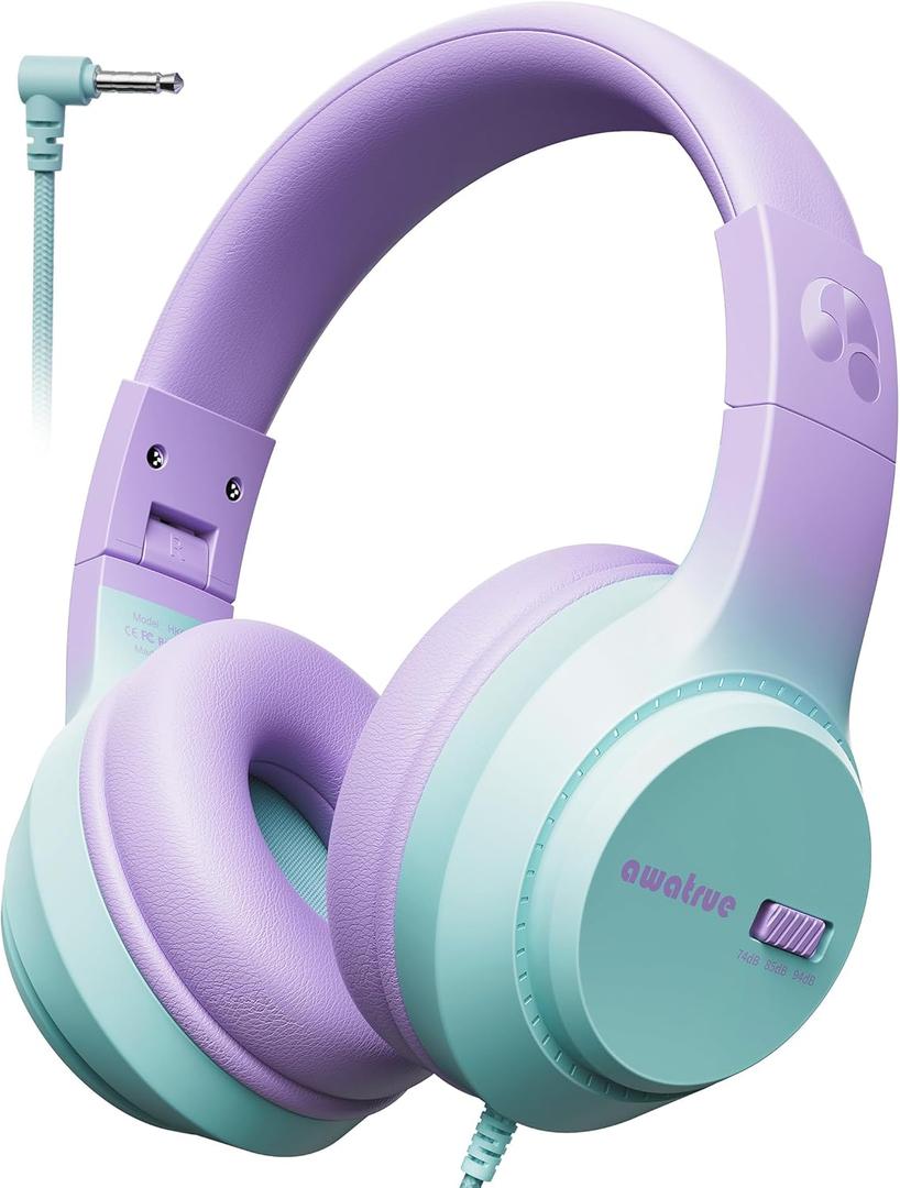 awatrue Kids Headphones, 74/85/94dB Volume Limiter, Foldable Wired Over Ear Headphones for Travel, 3.5mm Jack, Toddler Headphones for School, Chromebook, iPad, Tablet, Purple Green