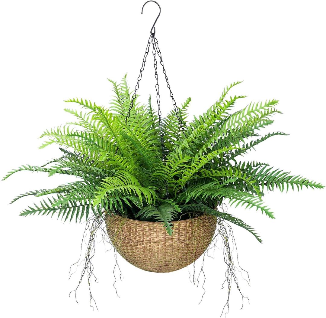 1 Set Artificial Fake Hanging Ferns with Planter, Real Touch Realistic UV Resistant Outdoor Faux Hanging Plants, Fake Plants for Front Porch Patio Garden Home Dcor