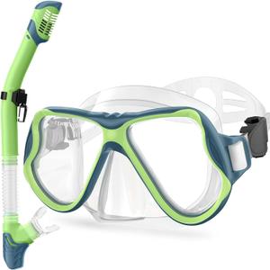 Greatever Snorkeling Gear for Kids, Dry Snorkel Set Panoramic View Snorkel Mask, Anti-Fog Scuba Diving Mask for Kids Youth Age 6-14, Unisex Swimming Goggles (Navy Blue Green)