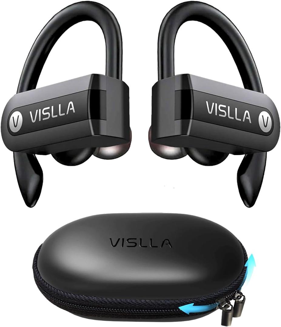 Wireless Earbuds, Bluetooth Earbuds with Earhooks, 82H Long Battery Life,HiFi Running Headphones with Mic,PU Leather Charging Case,Waterproof Sport Ear Buds for Gym Working Out (Black)