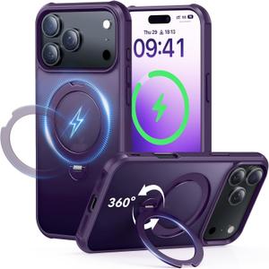 360 Spin Magnetic Stand (Pro-Version) for iPhone 17 Pro Max Case (Compatible with MagSafe) [Military Drop Protection] Matte Translucent Shockproof Protective Phone Case 6.9'', Purple