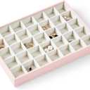 Women's Day Gifts - Pink Jewelry Holder Organizer, Earring organizer Tray Gift for Women Girls Wife Daughter Mom Girlfriend, Premium Synthetic Leather Frame and Pearl White Velvet Inner, 35 Grids
