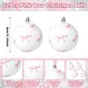 12 Pcs Pink Bow Coquette Christmas Tree Ornaments Balls 3.14 Inch Pink White Christmas Tree Hanging Ornaments Plastic Ball with Ribbon for Xmas Tree Winter Bachelorette Party Holiday Home Decorations