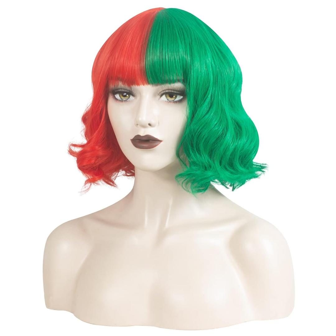 WeKen Half Red and Green Wig for Women Cosplay Halloween Costume Synthetic Wigs for Christmas Carnival Party