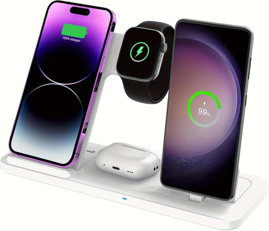 Wireless Charger for iPhone Charging Station, Foldable 4 in 1 Fast Charging for iPhone 16 15 14 13 12 Pro Max Plus, Charger Stand for Apple Watch & Airpods 4 3 2 Pro,for Samsung Series White