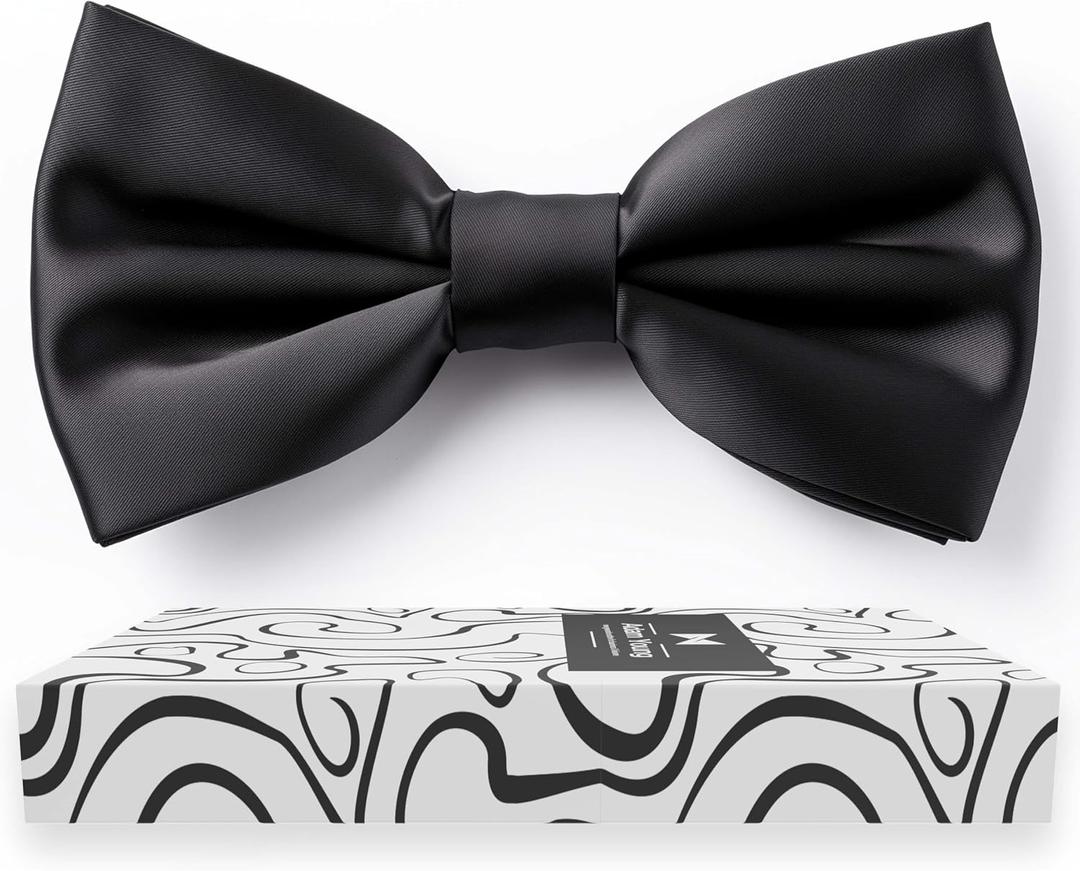 Adam Young Men's Black Bow Tie Pre-Tied Style Formal Satin Classic Bowtie for Tuxedo Faux Silk (Large, Black)
