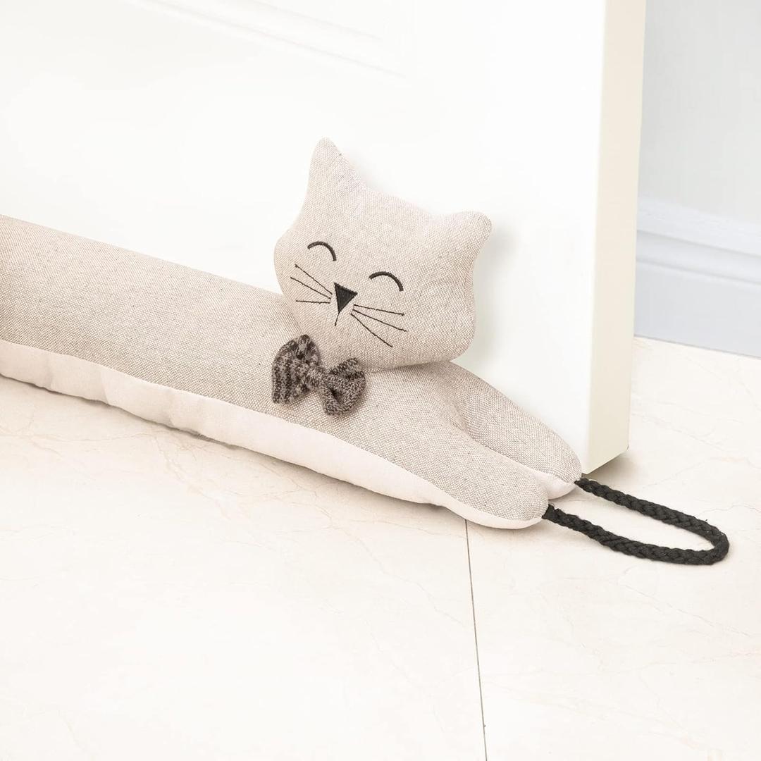 Marwood Under Door Draft Stopper Decorative Wind Stopper 48 inch for Door & Window, Weighted Animal Air Draft Stopper Snake Noise Blocker for Bottom of Door with Hanging Loops - Khaki Cat