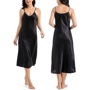 Womens Satin Nightgown Silk Slip Dress Sleepwear Sexy V Neck Negligee Lingerie Long Nightwear (Medium, 569-black)