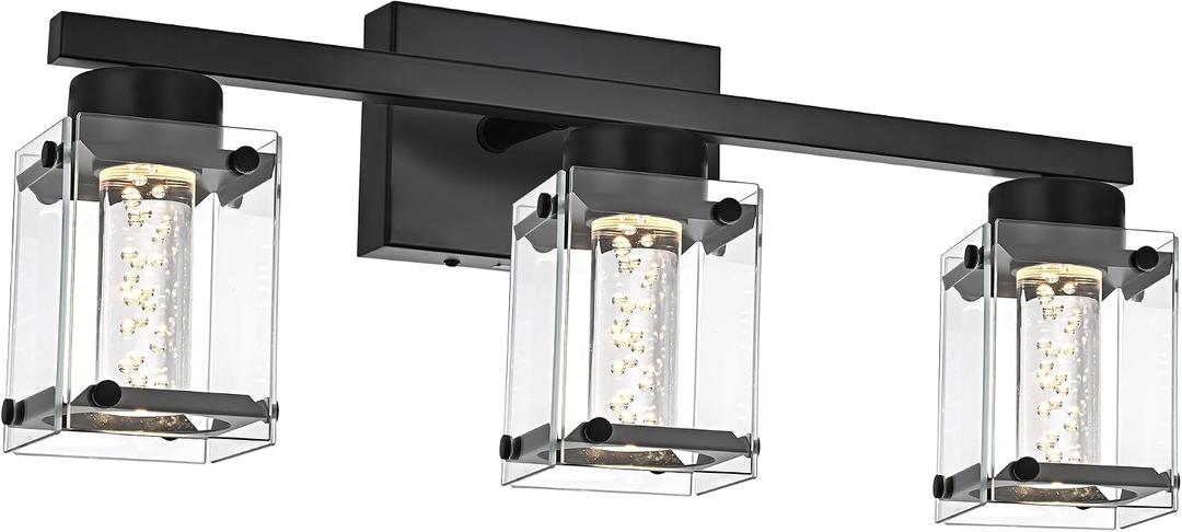 3-Light Black Finish Vanity Lighting with 5 Color Modes LED Eye Protection Bathroom Light Fixture, Dimmable Modern Wall Mounted Lights Over Mirror with Clear Glass Shade