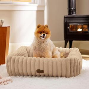 Bedsure Cute Dog Bed for Small Medium Dogs - Washable Furry Puppy Beds, Rectangle Orthopedic Corduroy Fleece Pet Beds with Removable Zipper Cover, 25x21x7inches,Sandy Tan (25.0"L x 21.0"W x 7.0"Th)