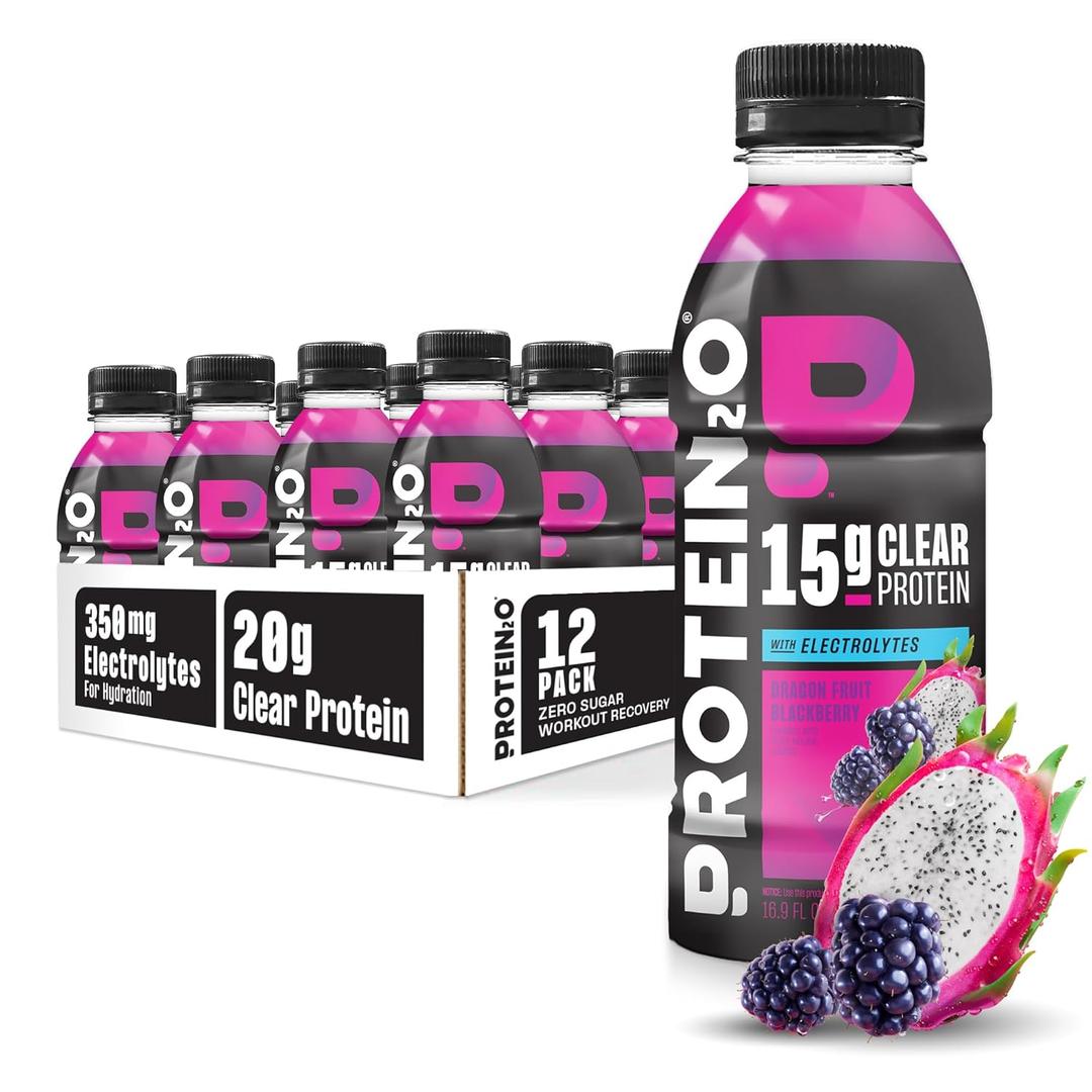 Protein2o Hydration Drink - 2-in-1 Liquid Clear Whey Protein Isolate and Electrolyte Drink - 15g Protein, Vitamins B5, B6 - Post-Workout Recovery - 16.9 Fl Oz - 12 Count Dragon fruit Blackberry (EXP 04/08/27)