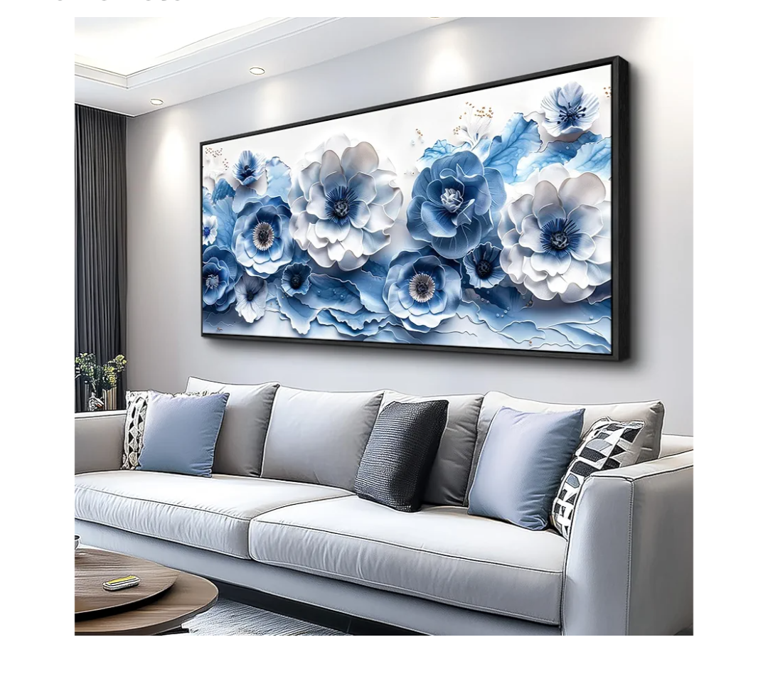 XIGUANGART Large Flower Prints Wall Art for Living Room Blue and White Paintings for Office Modern Black Framed Artwork Floral Pictures Wall Decoration for Bedroom Kitchen Women Aesthetic Home Decor