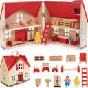 Foldable Wooden Dollhouse with 13PCS Furniture, 4 Rooms and 2 Flexible Dolls, Pretend Play Doll House Set with Portable Handle, Christmas Birthday Gift for Boys Girls Age 3+