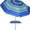 AMMSUN Beach Umbrella with Sand Anchor & Table Tray, Portable Heavy Duty Beach Umbrellas, 6.5ft Sun Outdoor Umbrella, UV 50+ Protection, Carry Bag for Beach, Patio, Pool and Garden, Stripes