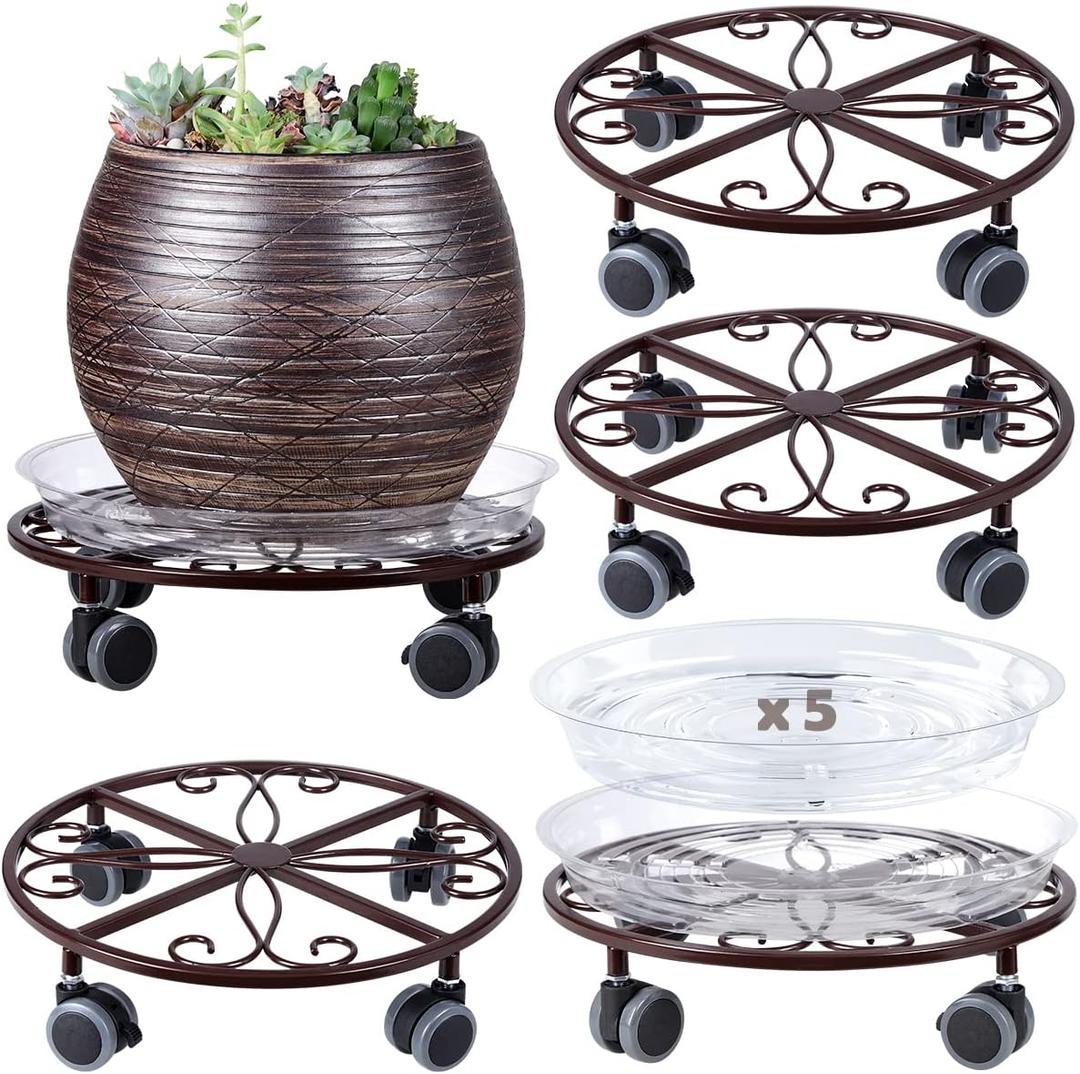 5 Pack Plant Caddy with Wheels Heavy Duty 11.8 Inches Metal Plant Stand with Wheels Plant Dolly Rolling Plant Stand Plant Roller with Casters for Indoor and Outdoor (5, Bronze)