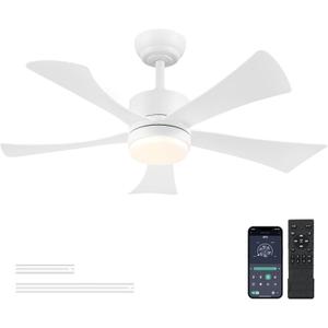 42 inch Ceiling Fans with Lights, Modern Ceiling Fan with Remote Control App, DC Motor Quiet, 3CCT Dimmable Memory, Led Sloped Flat Ceiling Fan with Light for Bedroom Indoor&Outdoor Patio White