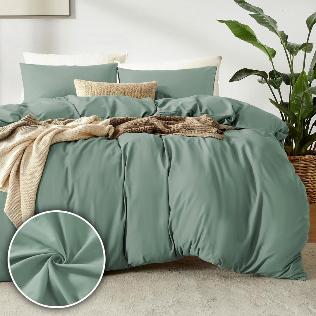 Dreamhood Duvet Cover Queen Size 90x90 and 2 Pillow Cases Soft Comfy Duvet Cover Set 3 Pieces with Button Closure Breathable Durable Bedding for All Seasons Summer Green