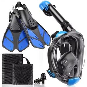 Mask Fins Snorkeling Gear for Adults, Full Face Snorkel Mask & Adjustable Swim Fins Snorkel Set, Panoramic View Snorkel Mask Dry Top Anti-Fog Anti-Leak (Black Blue, Size: S/M mask+S/M fins)