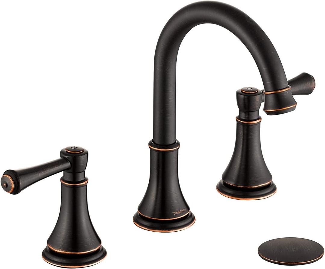TimeArrow Oil Rubbed Bronze 8 Inch Widespread Bathroom Sink Faucet 3 Holes with Pop-Up Drain, 2 Handle Modern Bathroom/Vanity/Lavatory Faucet with Brass 360 Swivel Spout, TAF830Y-ORB