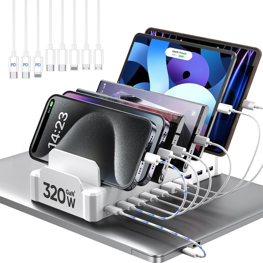 320W Charging Station for Multiple Devices, Zobirez 10-Port USB C Fast Charger Stations for MacBook, iPhone, Android Cell Phone, iPad, Tablet, Family Multi-Device Organizer Charging Dock, White (5FT)
