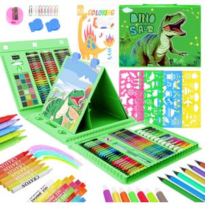 homicozy Art Supplies for Kids Ages 4-12,Dinosaur Drawing Sets Art Case,Coloring Kits with Double Sided Trifold Easel,Crayon,Colored Pencil,Marker,Coloring Book,Drawing Stuffs Gifts for Boys Age 4-6-8