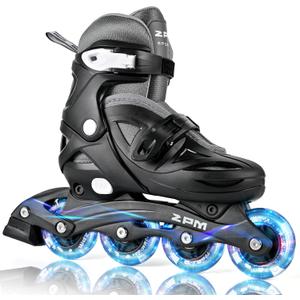 2PM SPORTS Inline Skates with Light Up Wheels, Roller Skates Blades for Boys Girls Kids Ages 5-8 8-12 4-6 6-12, Size Adjustable Beginner Blades Roller Skates (Large - Youth (4Y-7Y US), Black & Gray)