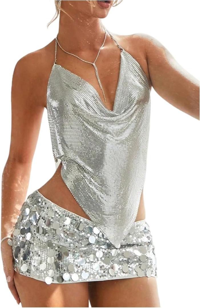 SHENHE Women's Sexy Sparkly Halter Top Sequin Rhinestone Open Back Cowl Neck Chain Clubwear Rave Tops, s